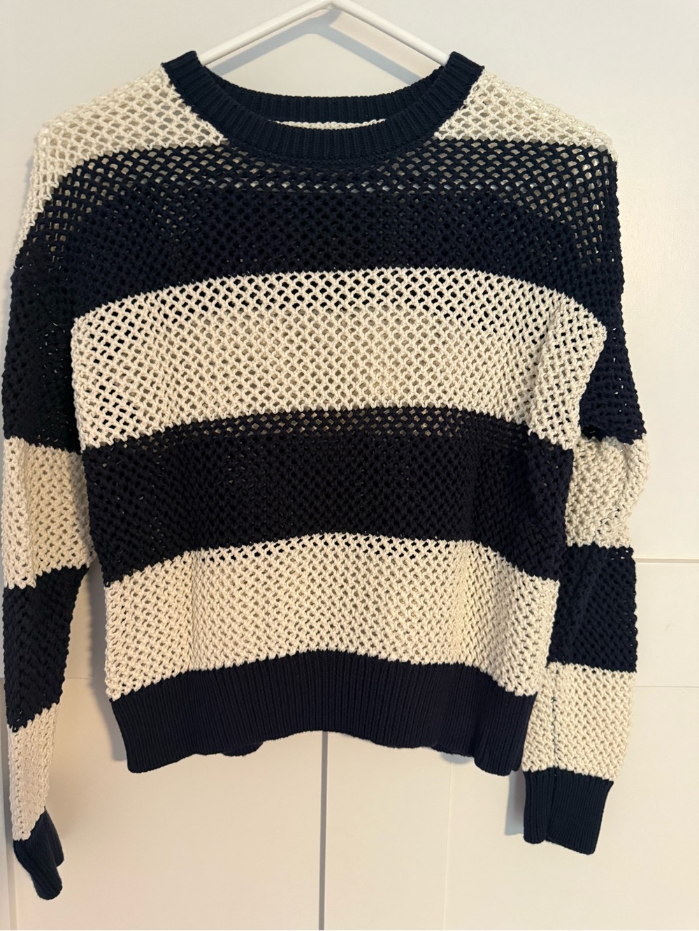 Striped Open-Knit Crewneck Sweater - Navy & Cream
